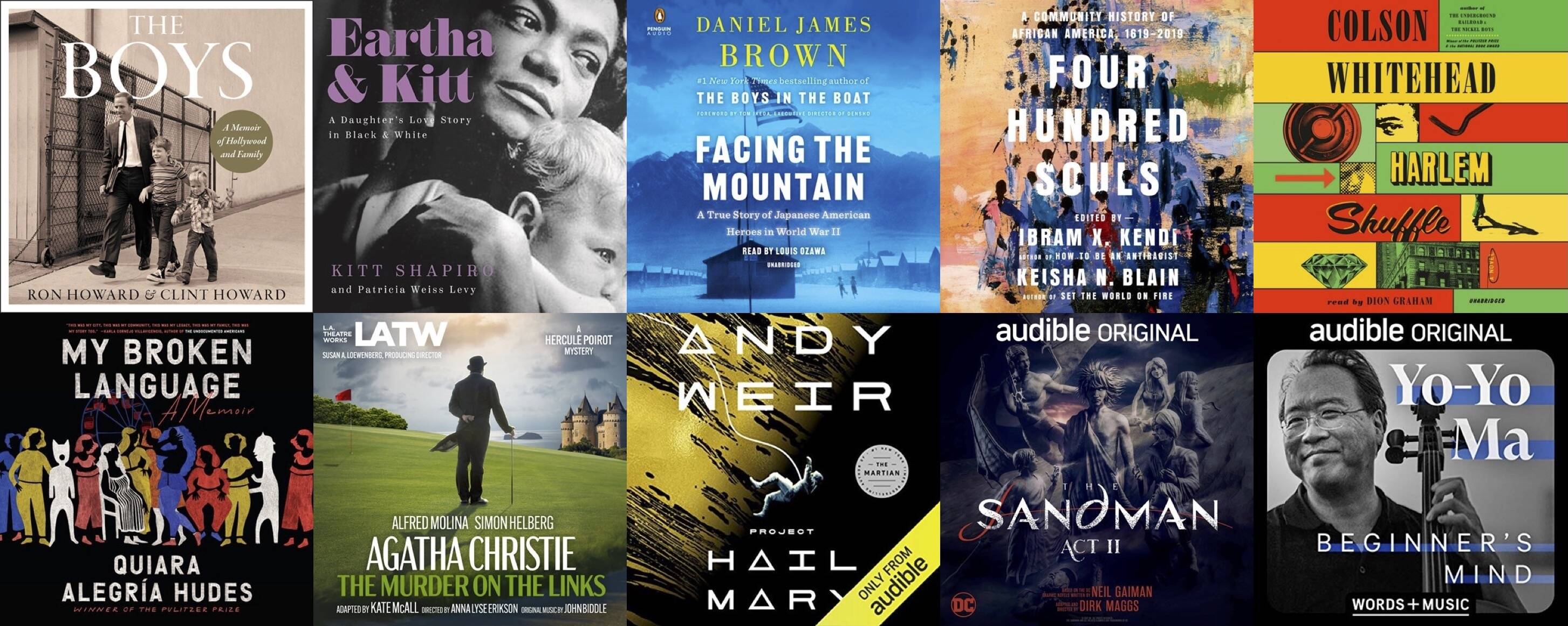 Top row: Harper Audio; Dreamscape; Penguin Audio; Random House Audio; Random House Audio. Bottom row: Random House Audio; L.A. Theatre Works; Audible; Audible; Audible