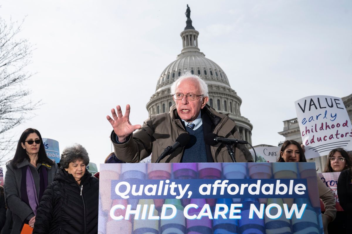 Sen. Bernie Sanders (I-Vt.) speaks during a news conference about child care relief on Capitol Hill on Feb. 7. (Jabin Botsford/The Washington Post)
