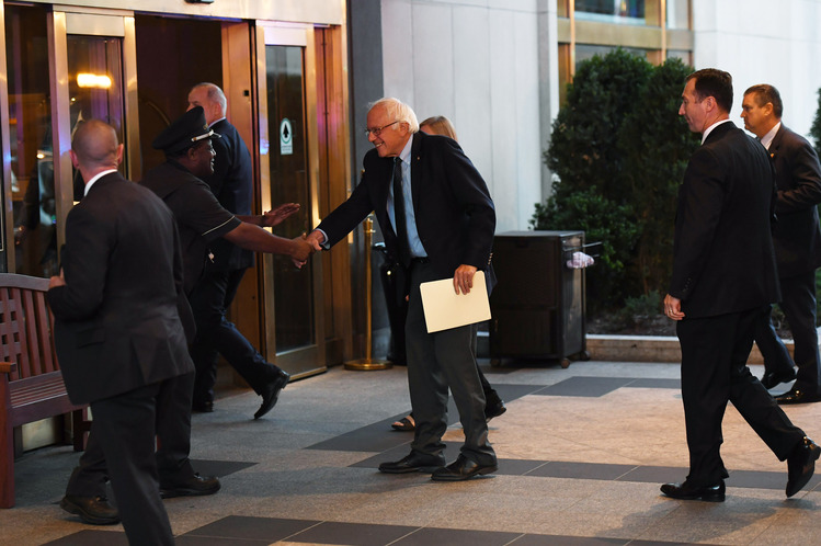 Bernie Sanders arrives at the Capital Hilton last night to meet with Hillary Clinton.&nbsp;(Photo by Matt McClain/The Washington Post)</p>  