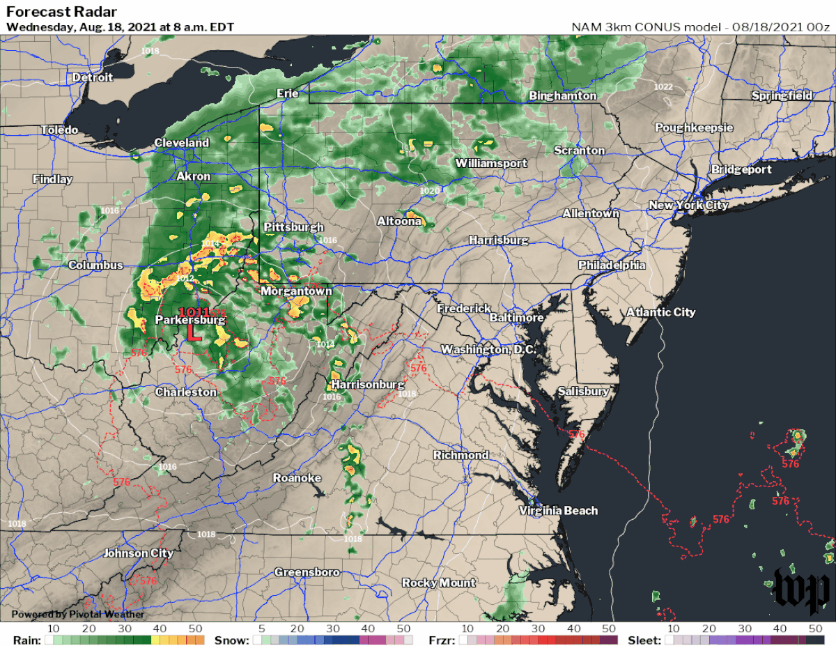 Remnants of Tropical Storm Fred pass west and north of the D.C. area today, but close enough for a chance of scattered afternoon-into-evening downpours. (Pivotal Weather/CWG)