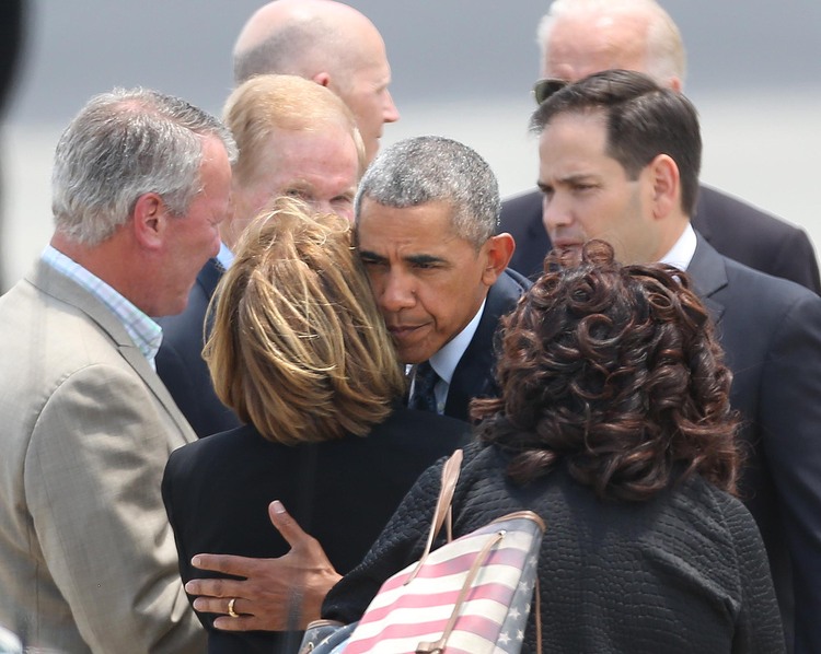 Obama arrives in&nbsp;Orlando. (Stephen M. Dowell/AP)&nbsp;</p>  