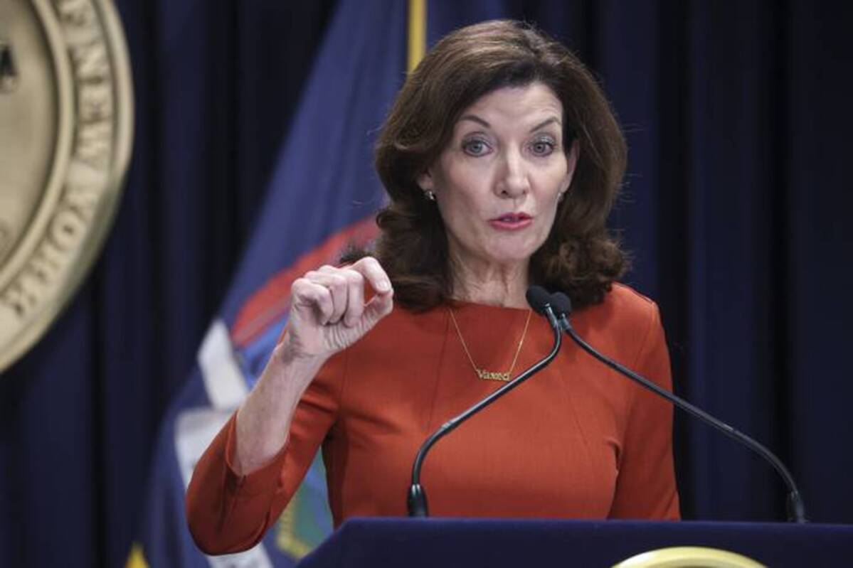 New York Gov. Kathy Hochul (D) put National Guard troops on standby to fill in for health-care workers who refuse to get their jabs. (Photographer: Angus Mordant/Bloomberg)