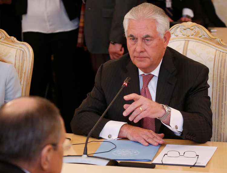 Rex Tillerson attends a meeting with Russian Foreign Minister Sergei Lavrov in Moscow. (Reuters/Maxim Shemetov)</p>  