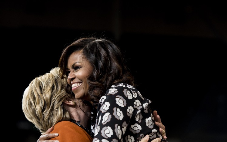 Clinton campaigns with Michelle Obama in Winston-Salem, North Carolina.&nbsp;(Melina Mara/The Washington Post)</p>  