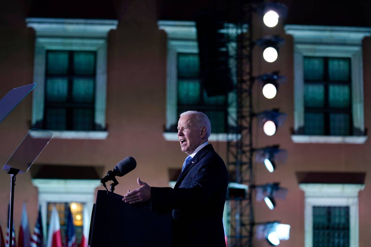 President Biden delivers a speech about the Russian invasion of Ukraine in Warsaw on March 26. (Evan Vucci/AP Photo)