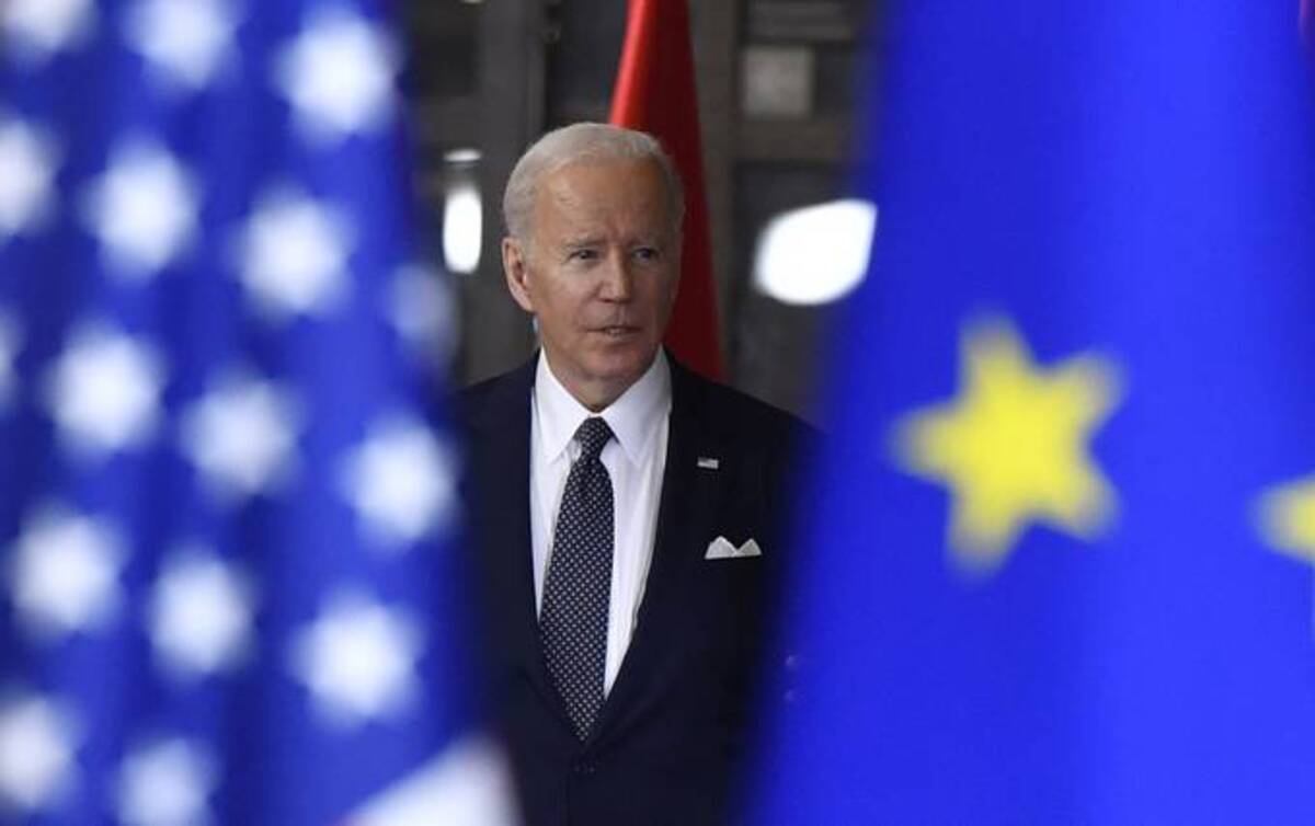 President Biden arrives for an EU summit at the European Council building in Brussels on Thursday. (AP Photo/Geert Vanden Wijngaert)