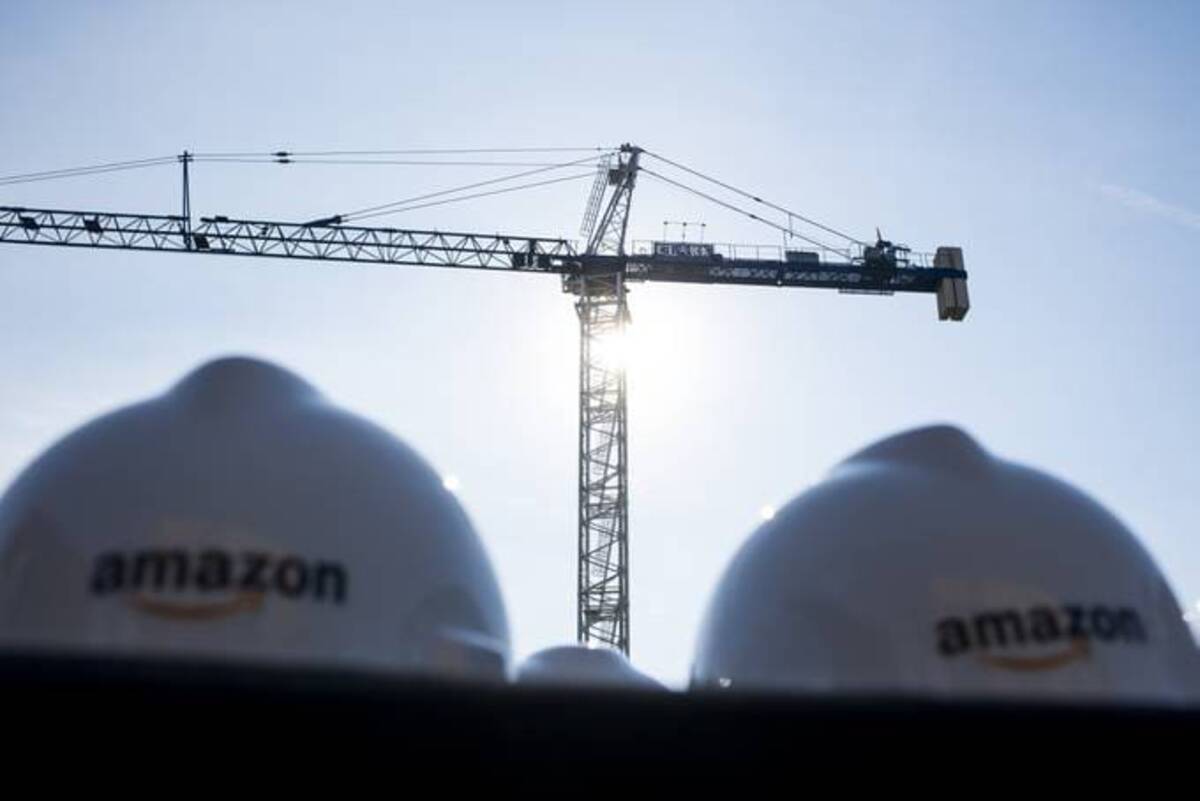 Hard hats with Amazon logos at the company's HQ2 development site while under construction at Metropolitan Park in Arlington, Va. (Pete Kiehart/Bloomberg News)