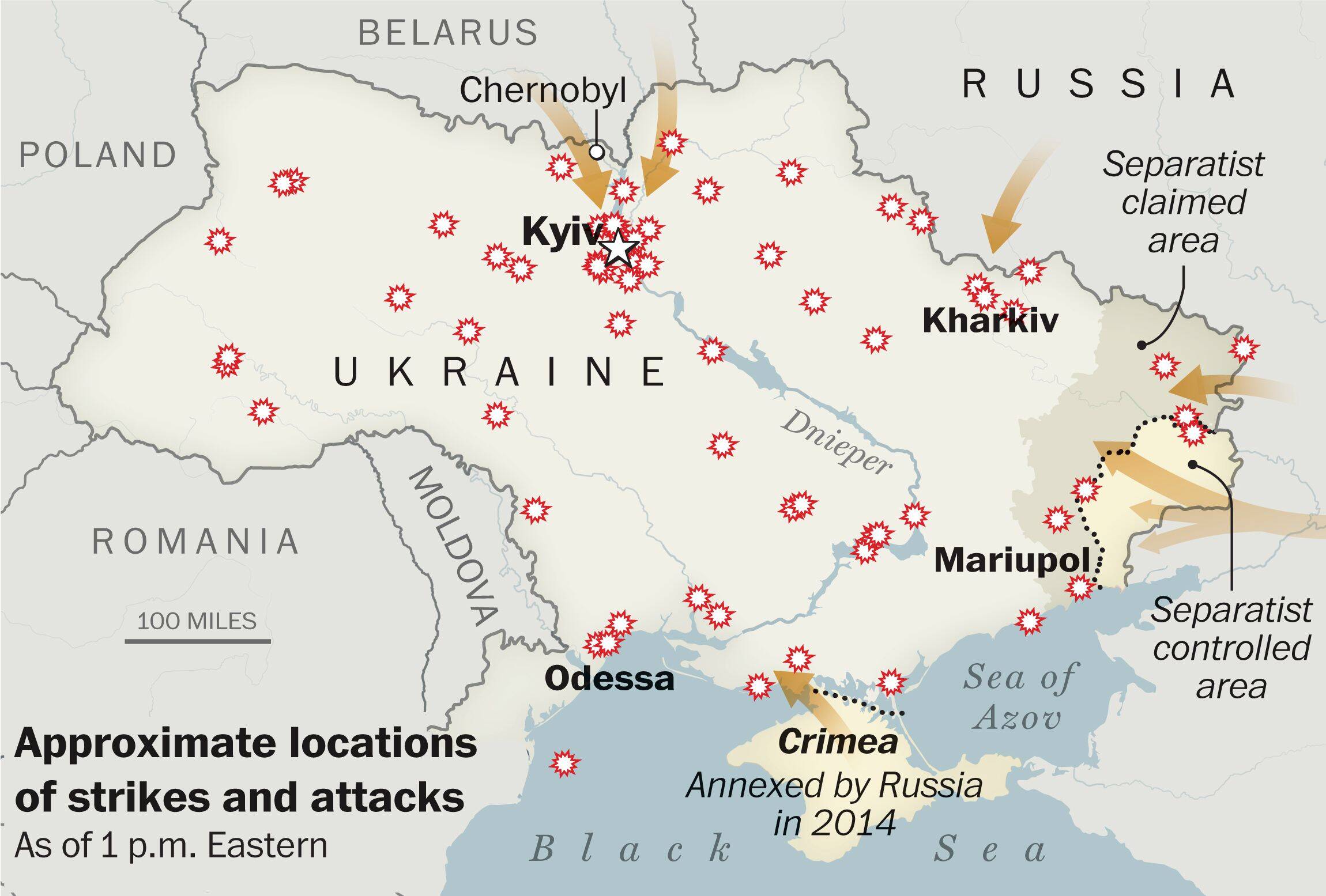 A map of strike and attack locations in Ukraine (The Washington Post)