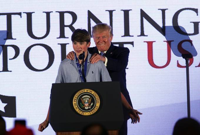 Former president Donald Trump during a 2019 conference hosted by Turning Point USA. (Photo by Alex Wong/Getty Images)