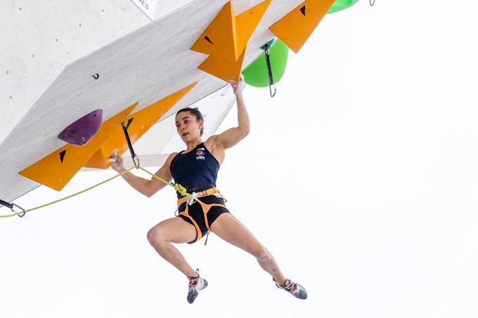 Brooke Raboutou competes in the IFSC Climbing World Cup last month in Innsbruck, Austria. (Johann Groder/AFP)&nbsp;