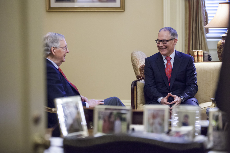 Mitch McConnell meets with Environmental Protection Agency Administrator-designate Scott Pruitt in his office on Friday. (Zach Gibson/AP)</p>  