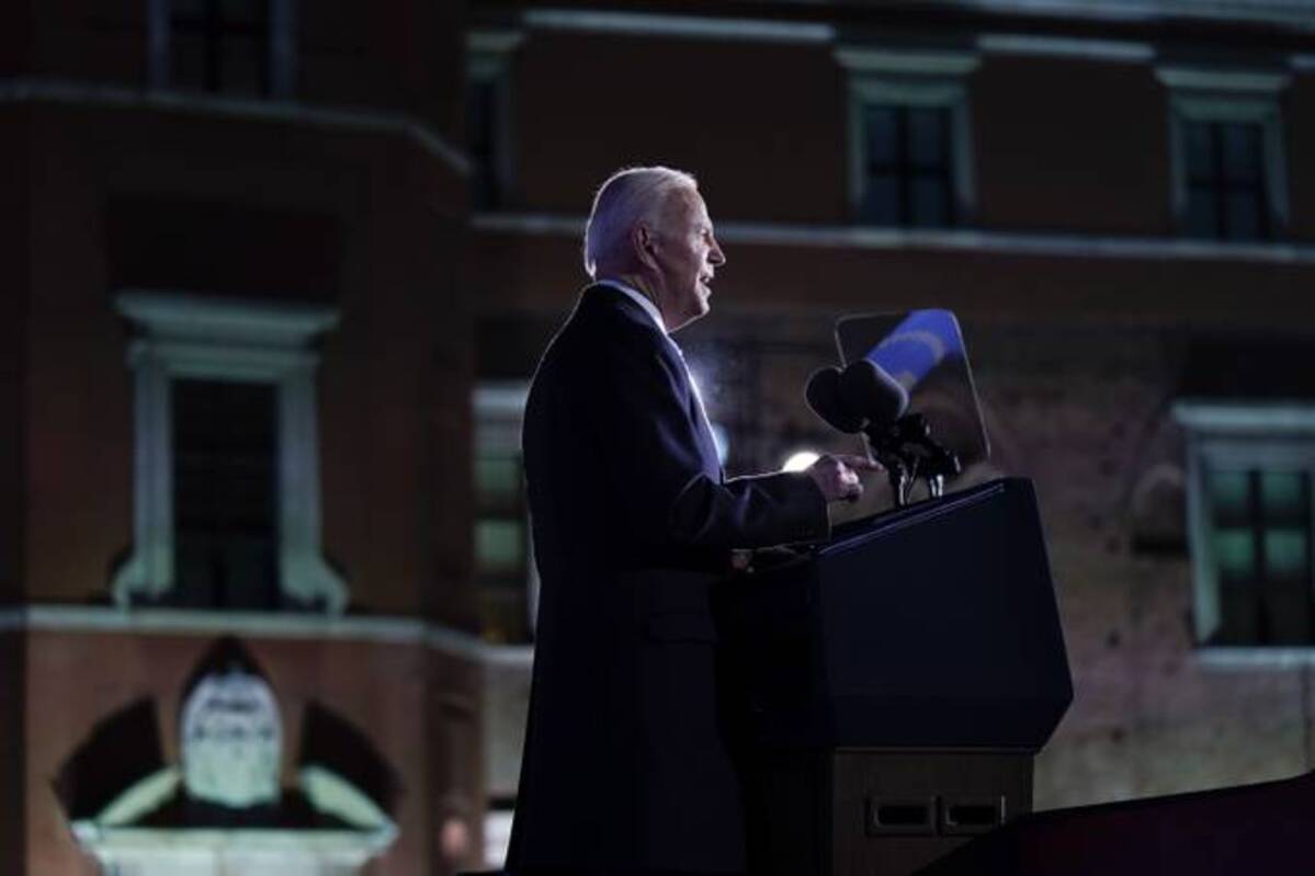 President Biden delivers a speech about the Russian invasion of Ukraine on Saturday in Warsaw. (Evan Vucci/AP)