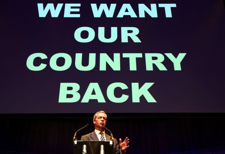 The leader of the United Kingdom Independence Party (UKIP), Nigel Farage, speaks at a rally in Gateshead last night. (Scott Heppell/AFP/Getty Images)</p>  