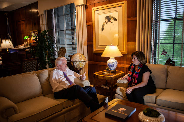 Tom Donohue, president and CEO of the U.S. Chamber of Commerce, speaks to Suzanne Clark, the senior executive vice president, in his office. (Salwan Georges/The Washington Post)  