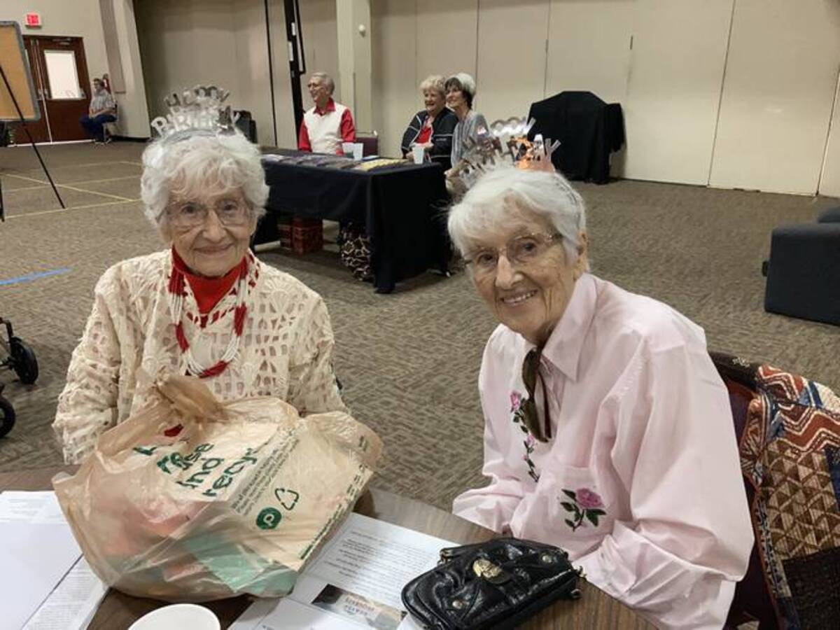 Norma Matthews, left, and Edith Antoncecchi at one of their birthday celebrations at Northside Baptist Church in St. Petersburg, Fla. (Jeanne Broderick)
