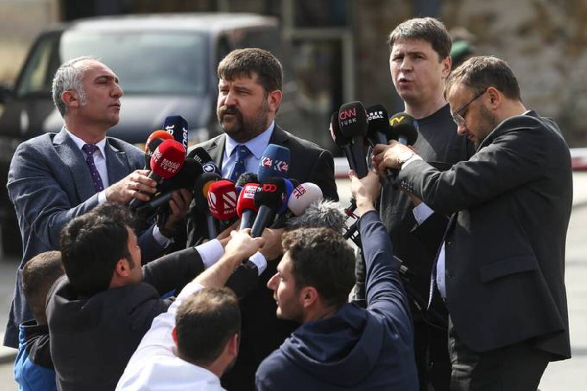 Mykhailo Podolyak, adviser to Ukrainian President Volodymyr Zelenskyy and member of the Ukrainian delegation, speaks to the media after talks between Russian and Ukrainian delegations, in Istanbul on March 29 (AP Photo/Emrah Gurel)