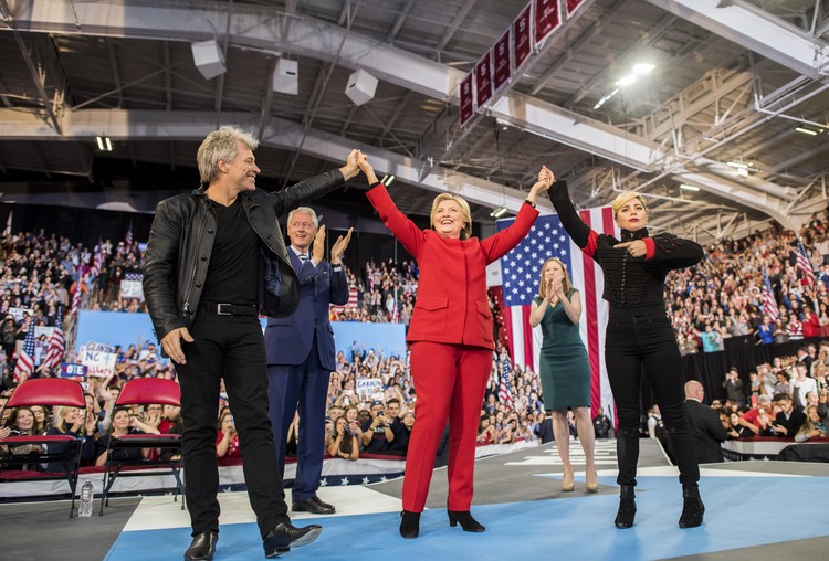 Hillary, Bill and Chelsea during their final rally at NC State University in Raleigh early this morning. Lady Gaga and Jon Bon Jovi entertained&nbsp;the large stadium crowd. (Melina Mara/The Washington Post)</p>  