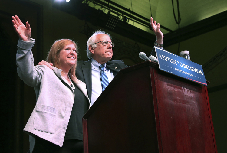 Jane Sanders joins her husband&nbsp;at a rally last week&nbsp;in Atlantic City.&nbsp;(AP Photo/Mel Evans)</p>  
