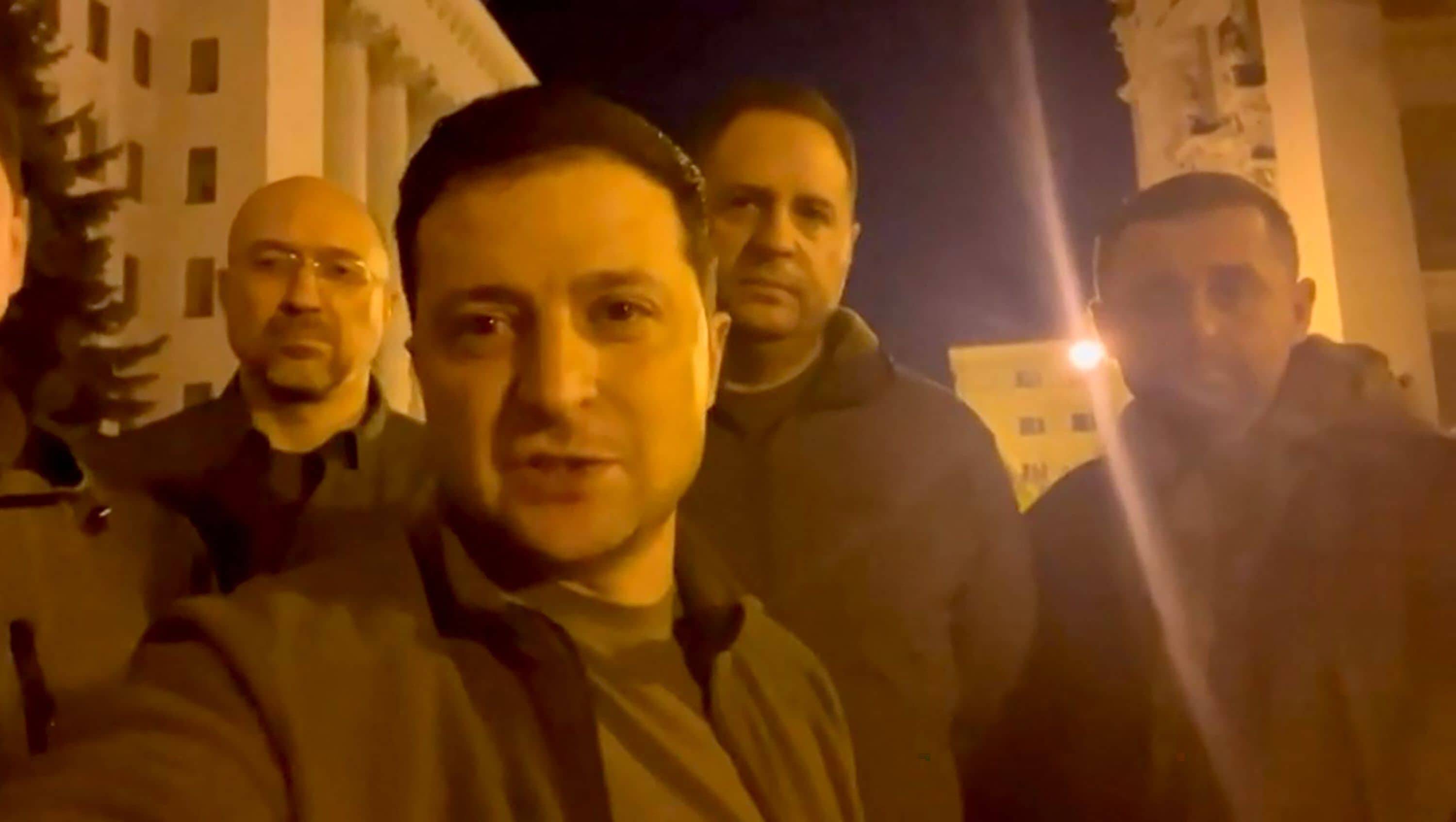 This screen grab taken from a video made available on the Facebook account of Ukrainian President Volodymyr Zelensky, shows himself speaking to a camera on Feb. 25. (Facebook/@Volodymyr Zelensky/AFP via Getty Images)