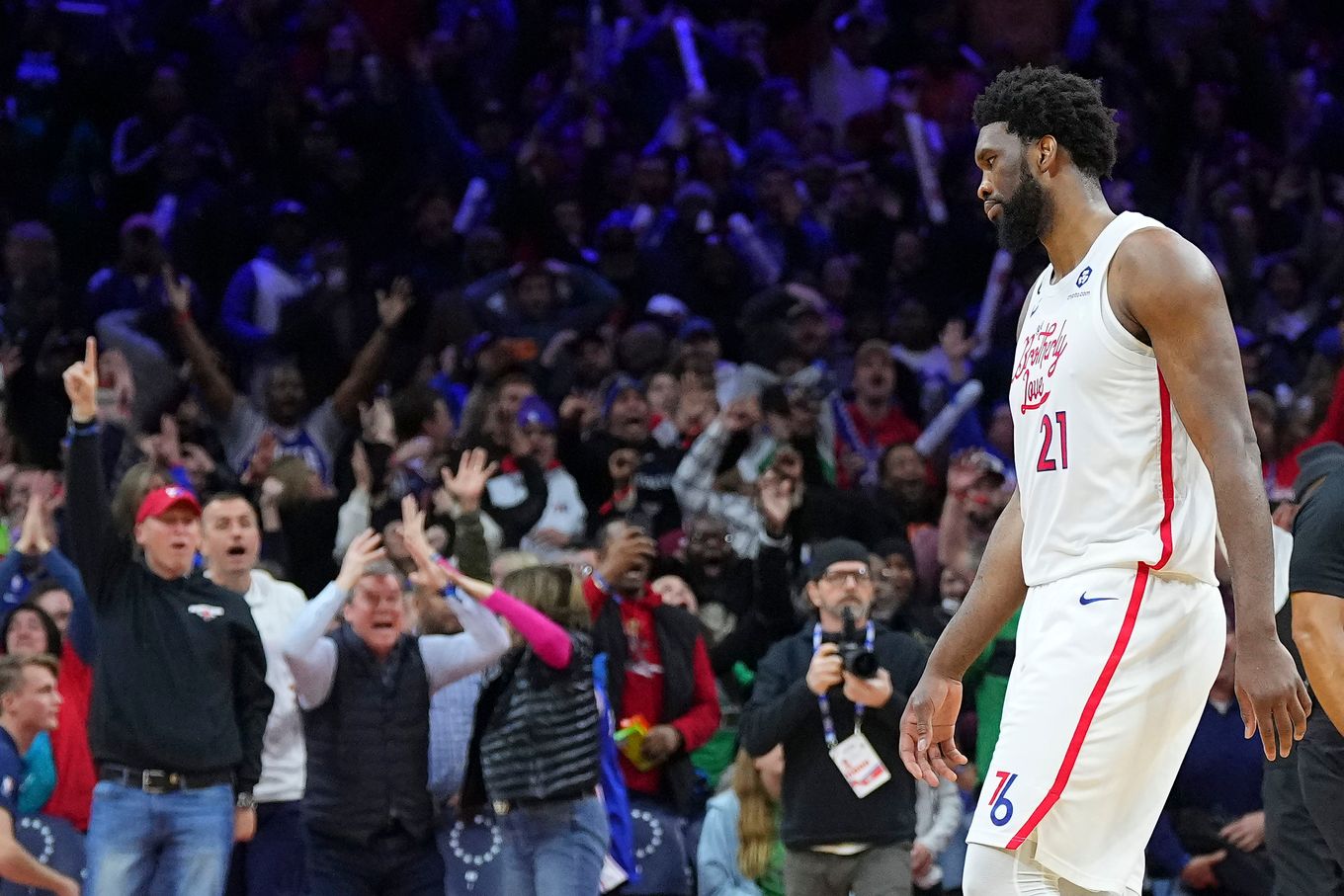 Joel Embiid knew immediately that his last-second heave against the Boston Celtics had come too late even while the Philadelphia 76ers fans cheered. (Mitchell Leff/Getty Images)