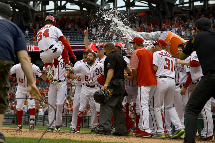Bryce Harper is congratulated at home yesterday after hitting a game-winning homer. (Katherine Frey/The Washington Post)</p>  