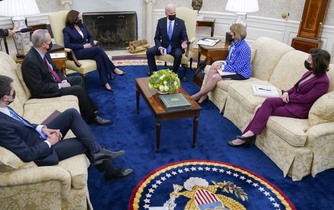 President Biden speaks during a meeting in the Oval Office of the White House with Sen. Shelley Moore Capito (D-W.Va.) earlier this month. (AP Photo/Evan Vucci)