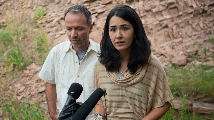 Sitora Yusufiy, the ex-wife of Orlando shooter Omar Mateen, and her fiance,&nbsp;Marcio Dias, speak&nbsp;to the media at their home outside Boulder, Colo. (Autumn Parry/Boulder Daily Camera via AP)</p>  