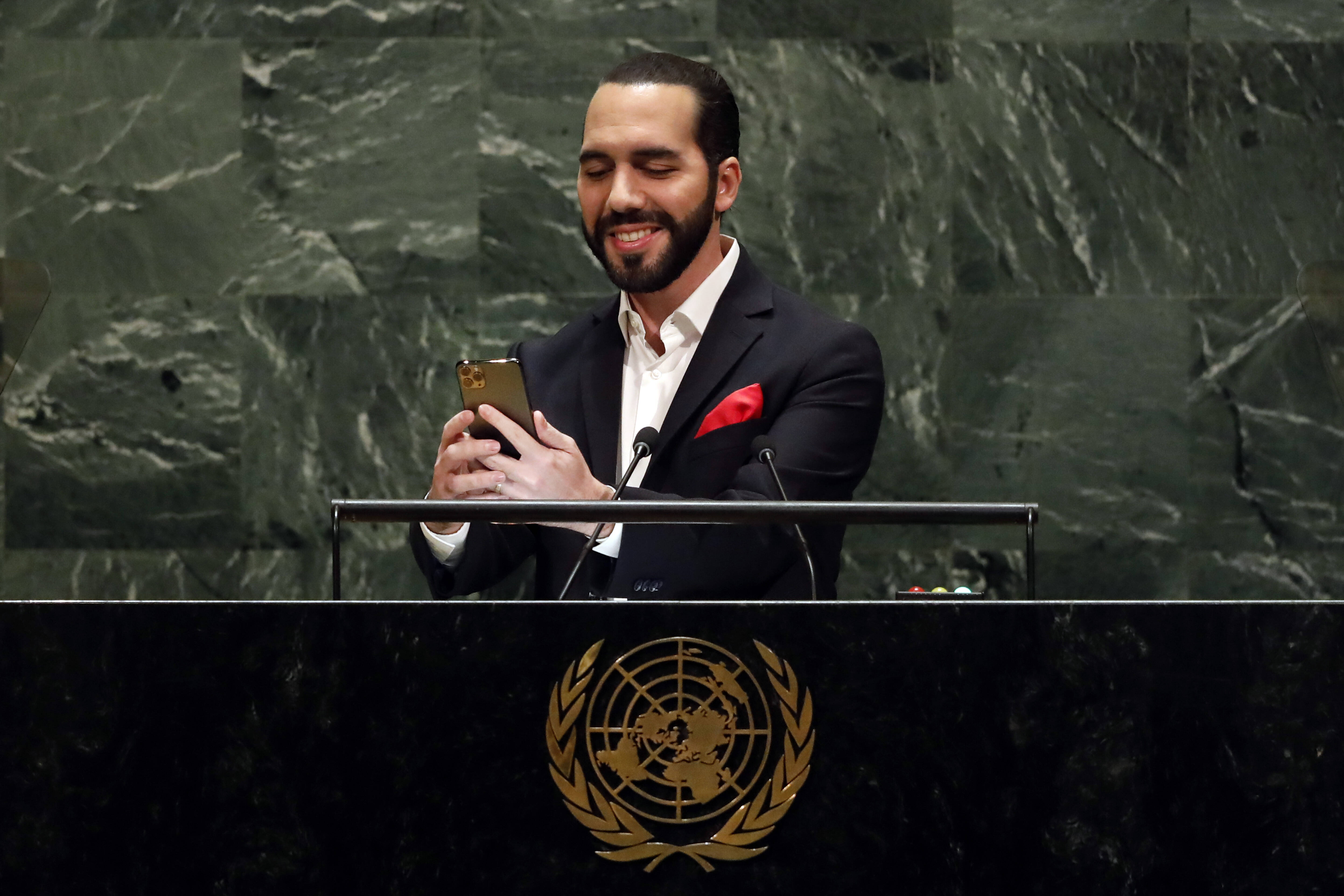 El Salvador President Nayib Bukele takes a selfie during his addresses to the 74th session of the United Nations General Assembly on Sept. 26, 2019.