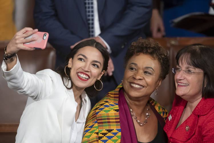 Rep. Annie Kuster (D-N.H.), far right, poses for a selfie at the Capitol earlier this year with Reps. Alexandria Ocasio-Cortez (D-N.Y.) and Barbara Lee (D-Calif.). (J. Scott Applewhite/AP)  