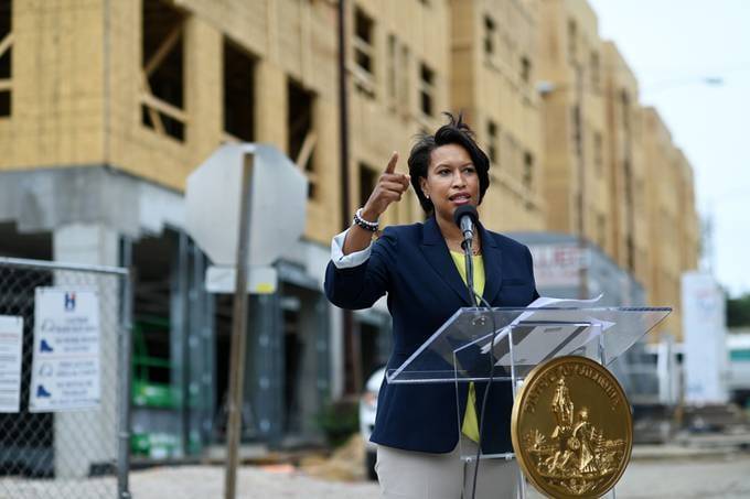 D.C. Mayor Muriel Bowser holds a press conference on Monday. (Photo by Matt McClain/The Washington Post)