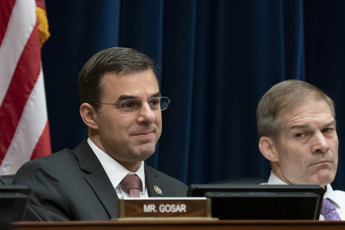 Rep. Justin Amash (L-Mich.), left, joined at right Rep. Jim Jordan, R-Ohio, in Washington on June 26, 2019. (AP Photo/J. Scott Applewhite)