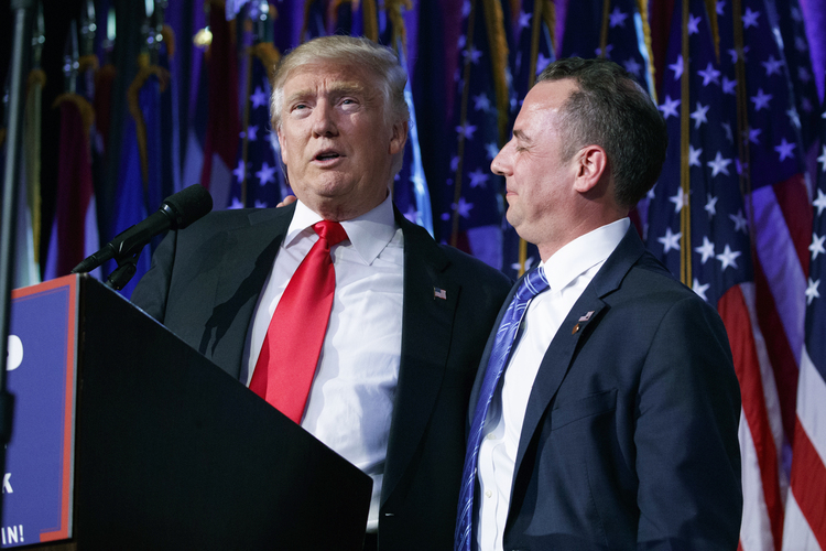 Donald Trump and Reince Priebus on election night in New York. (Evan Vucci/AP)</p>  