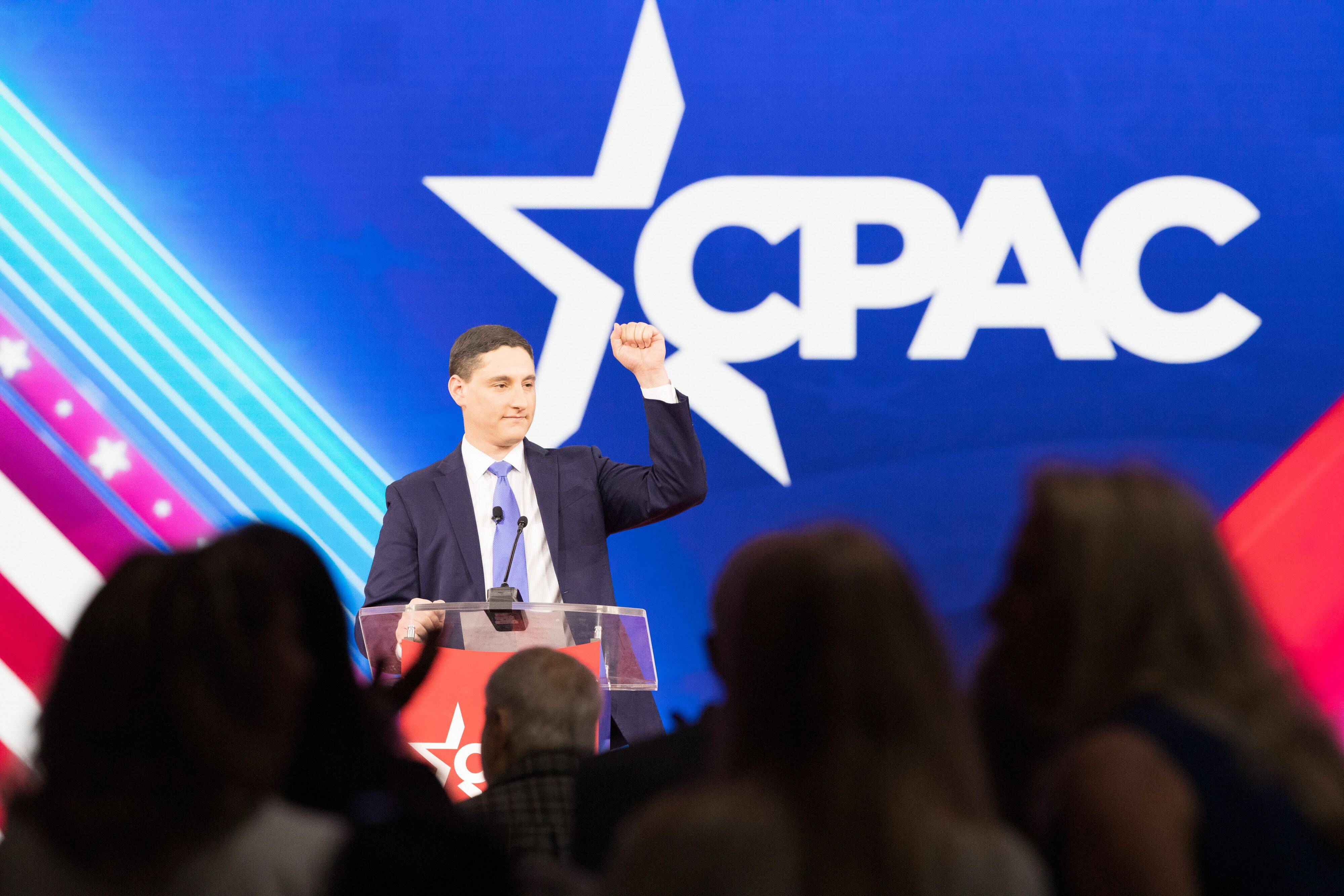 Josh Mandel, a Republican running for a U.S. Senate seat in Ohio, speaks during the Conservative Political Action Conference (CPAC) in Orlando, Fla., on Feb. 25, 2022. (Tristan Wheelock/Bloomberg News)
