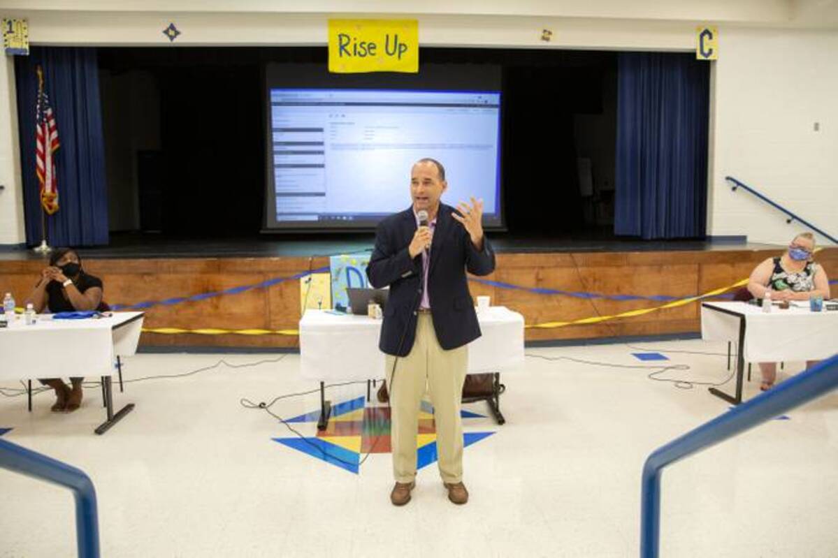 Rep. Bob Good (R-Va.) speaks against critical race theory and mask mandates at a school board meeting in Cumberland County, Va., on Aug. 5, 2021. (Ryan M. Kelly/The Washington Post)