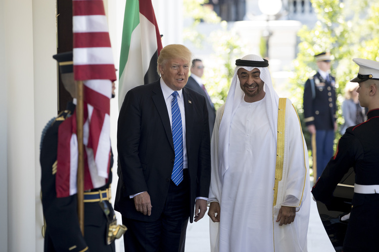 Trump greets Mohammed Bin Zayed Al Nahyan, crown prince of Abu Dhabi, on Monday. (Aaron P. Bernstein/Bloomberg)</p>  