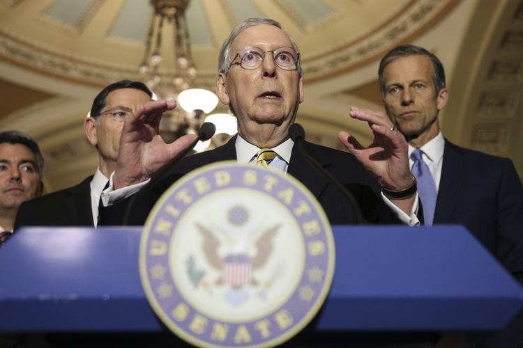 Senate Majority Leader Mitch McConnell speaks to reporters on Capitol Hill on May 2. (Oliver Contreras/For The Washington Post)</p>  