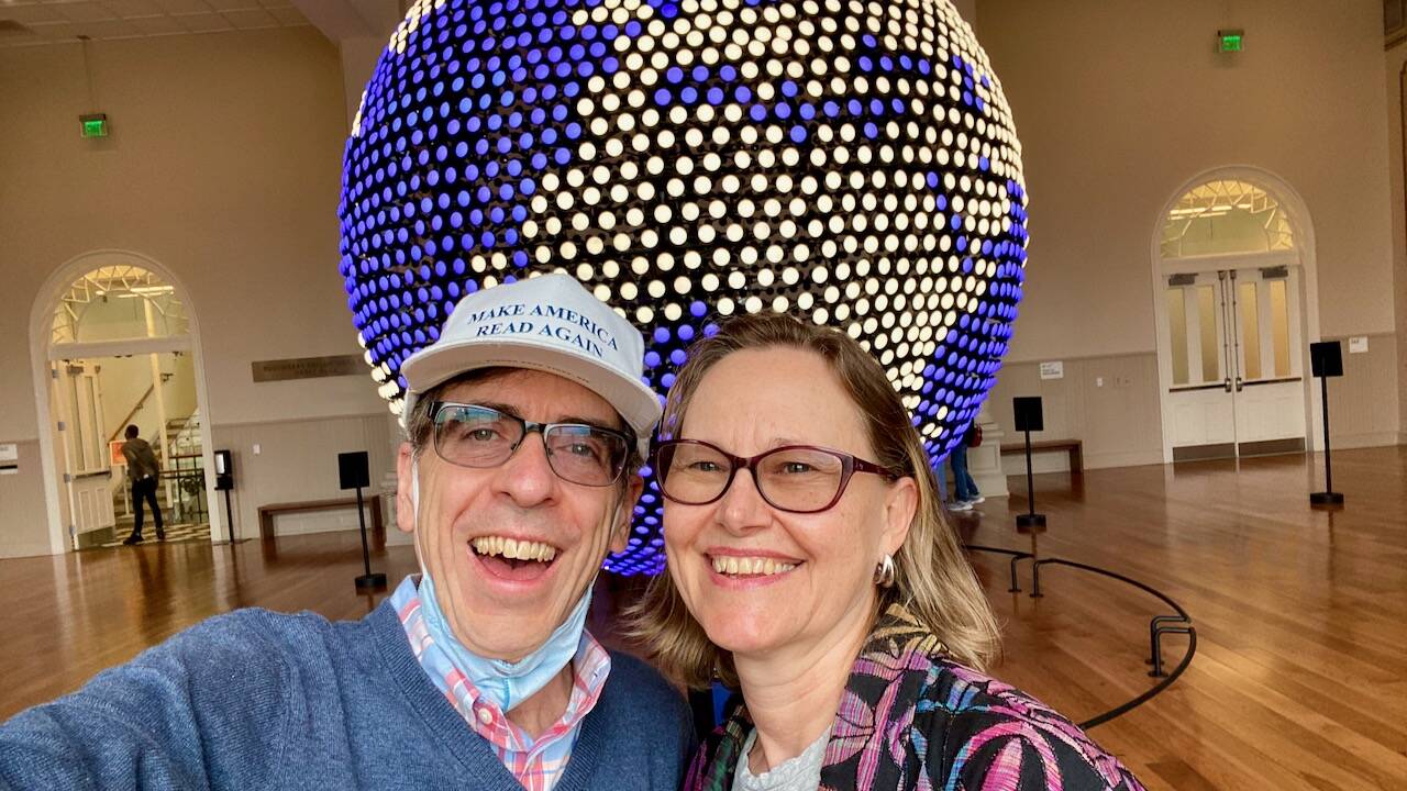 Ron and Dawn Charles at Planet Word, a newish museum in Washington, D.C., on March 19, 2022. (Ron Charles/The Washington Post)