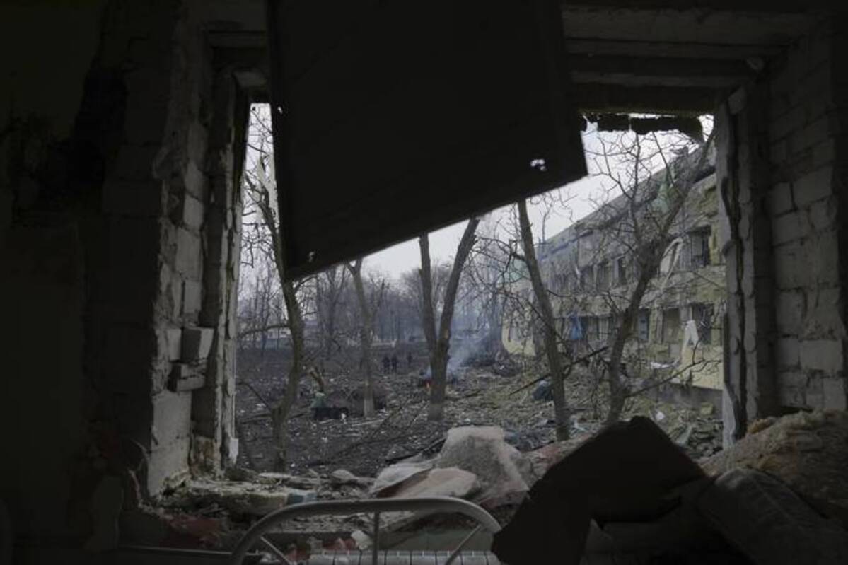 A view onto the yard of a maternity hospital damaged in a shelling attack in Mariupol, Ukraine, on March 9. (Evgeniy Maloletka/AP)