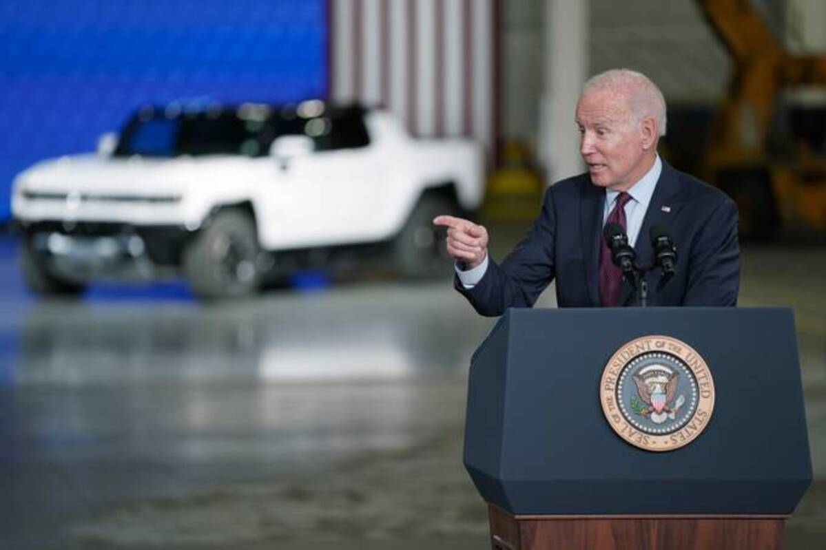 President Biden speaks during a visit to the General Motors Factory ZERO electric vehicle assembly plant on Wednesday. (Evan Vucci/AP)