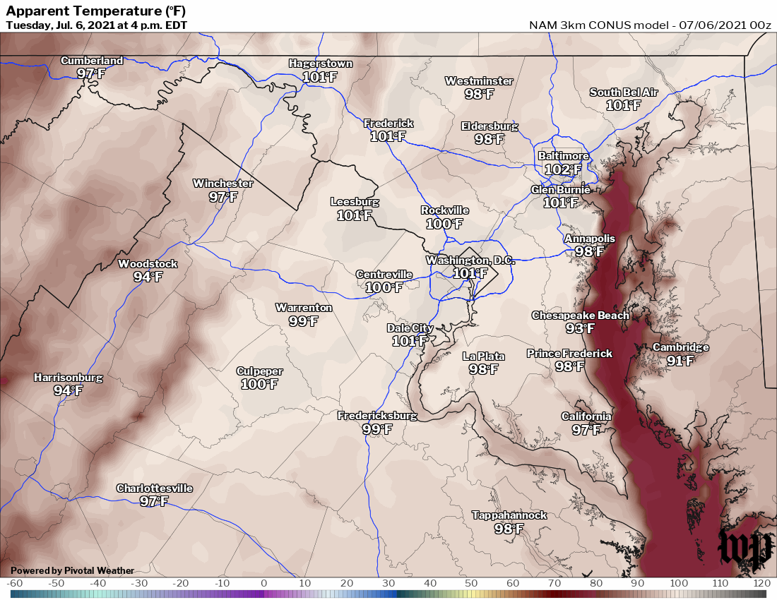 Heat index forecast for Tuesday afternoon. (Pivotal Weather/CWG)