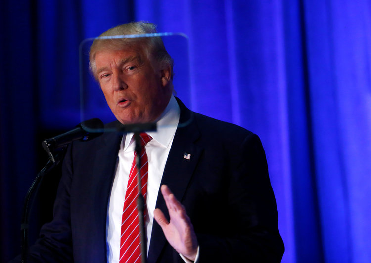 Donald Trump reads&nbsp;his foreign policy speech from a teleprompter&nbsp;at Youngstown State University in Ohio yesterday. (Eric Thayer/Reuters)</p>  