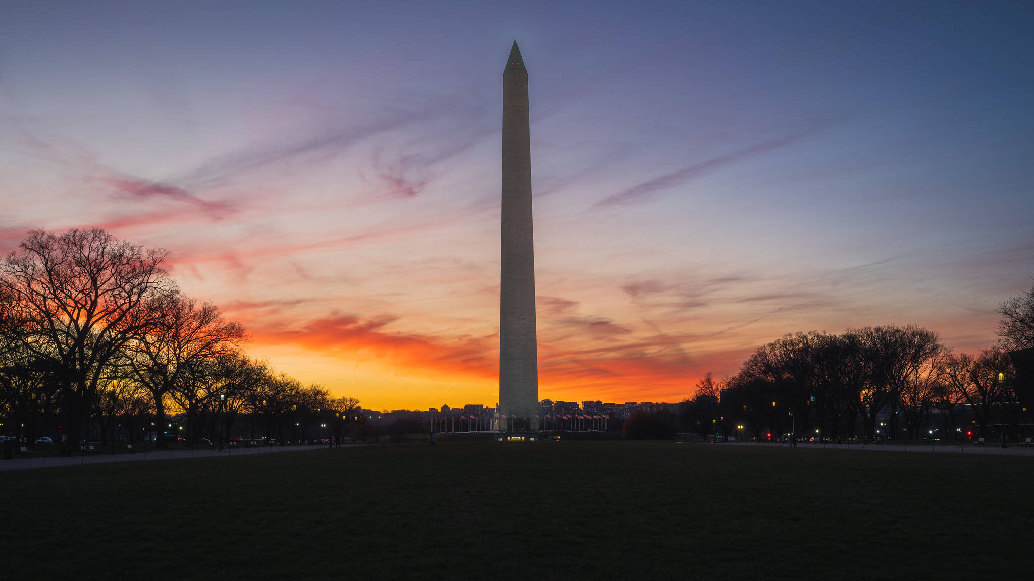 A fiery sky behind the Washington Monument on Tuesday.