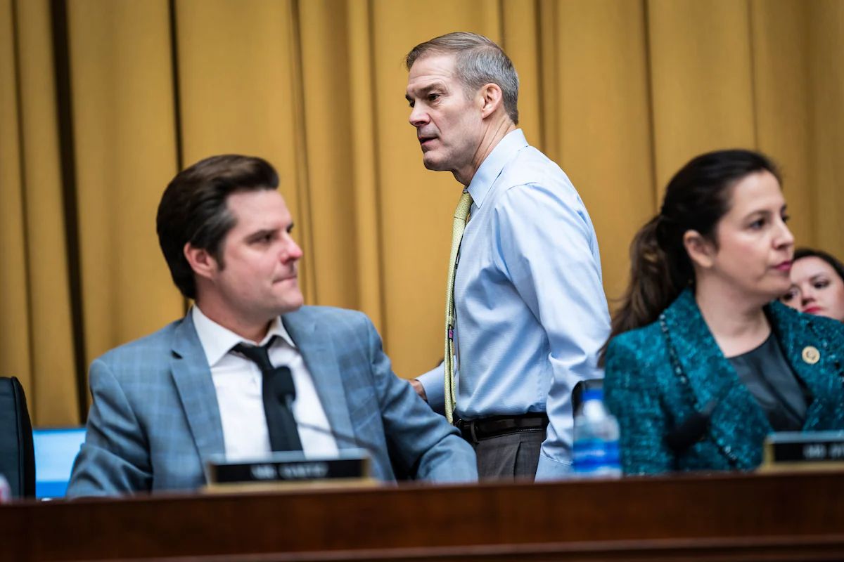 Rep. Matt Gaetz (R-Fla.), Chairman Jim Jordan (R-Ohio) and Rep. Elise Stefanik (R-N.Y.) at a meeting of the House Select Subcommittee on the Weaponization of the Federal Government on Feb. 9. (Jabin Botsford/The Washington Post)