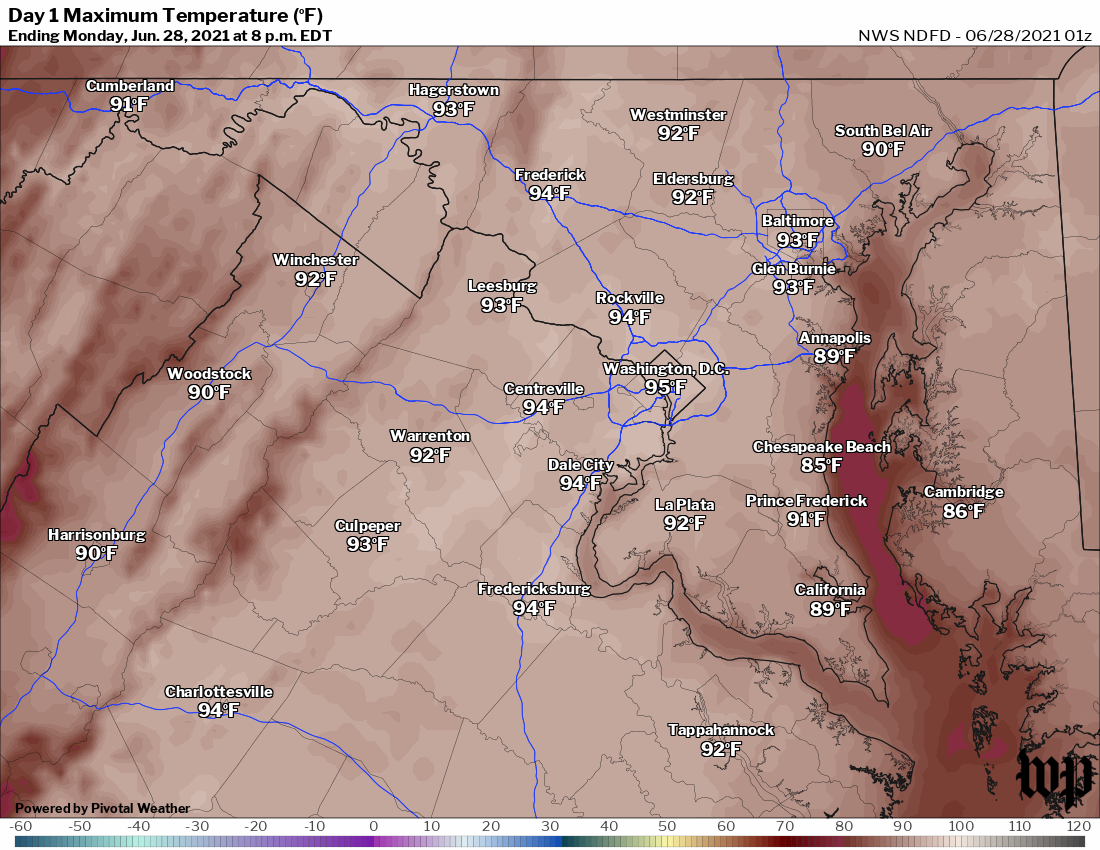 Forecast high temperatures on Monday from the National Weather Service.