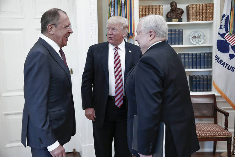 President Trump meets in the Oval Office with Russian Foreign Minister Sergey Lavrov, left, and then-Russian Ambassador to the U.S. Sergey Kislyak on May 10, 2017. (Russian Foreign Ministry/AP)  