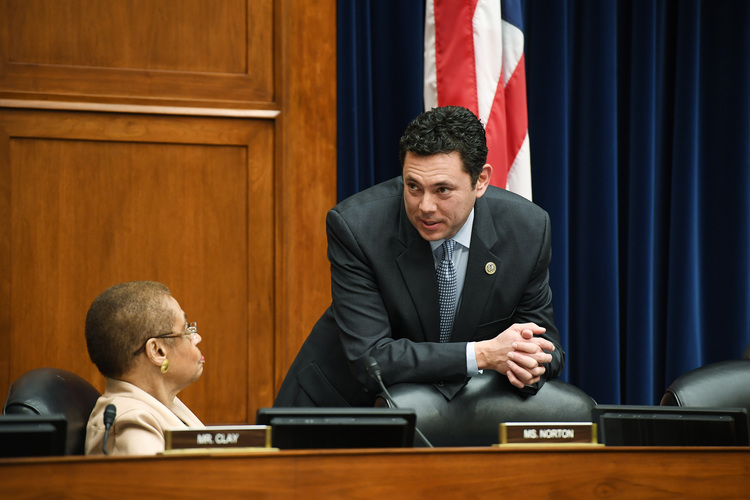 Delegate Eleanor Holms Norton (D-DC) talks Monday with Chairman of the House Oversight and Government Reform Committee Jason Chaffetz (R-UT) before a meeting at the Rayburn Office Building. (Matt McClain/The Washington Post)</p>