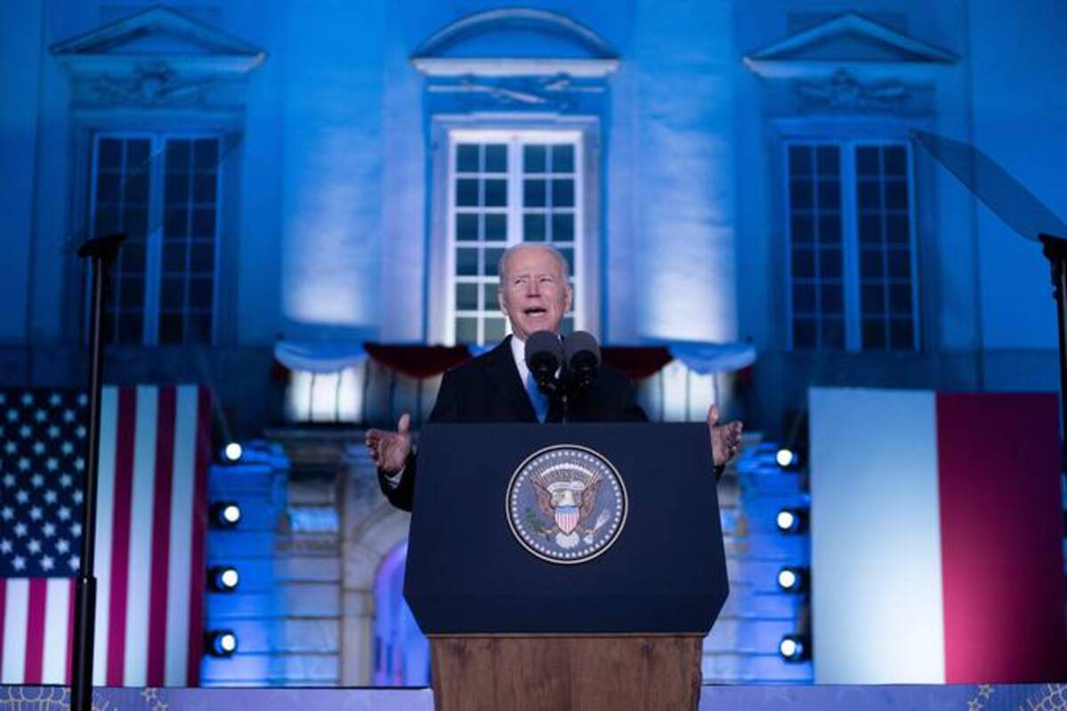 President Biden speaks outside the Royal Castle about the Russian war in Ukraine on March 26 in Warsaw, Poland. (Photo by Brendan Smialowski / AFP)