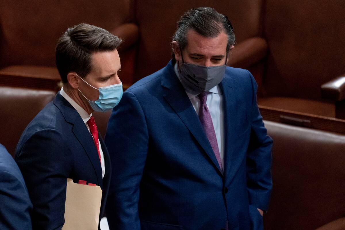 Sens. Josh Hawley (R-Mo.) and Ted Cruz (R-Tex.) speak after Republicans objected to certifying the electoral college votes from Arizona during a joint session of the House and Senate on Jan 6, 2021. (Andrew Harnik/AP)