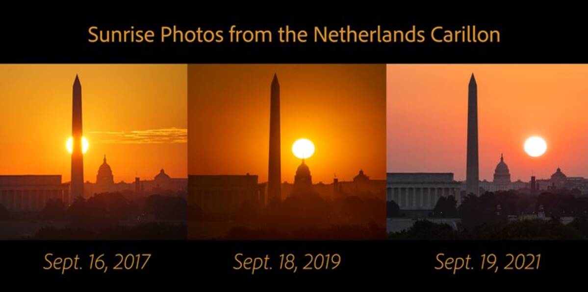 A sequence of photos shows the sun's position in the sky on Sept. 16, 18, and 19. The sun shifts almost a degree per day from north to south. All three photos were taken about the same time of day, within a few minutes of 7 a.m. (Kevin Ambrose)