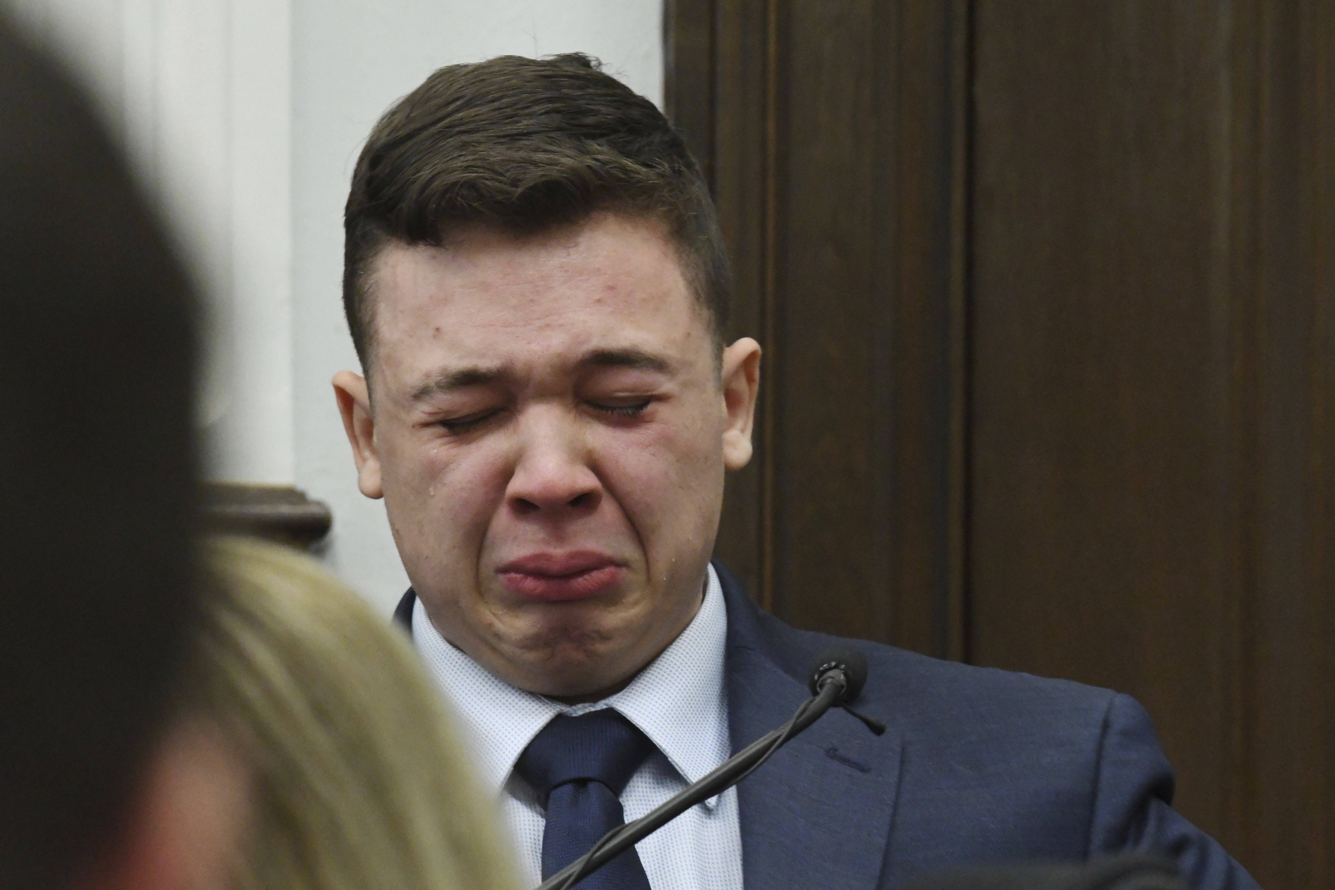 Kyle Rittenhouse breaks down on the stand as he testifies about his encounter with the late Joseph Rosenbaum during his trial Wednesday in Kenosha, Wis.